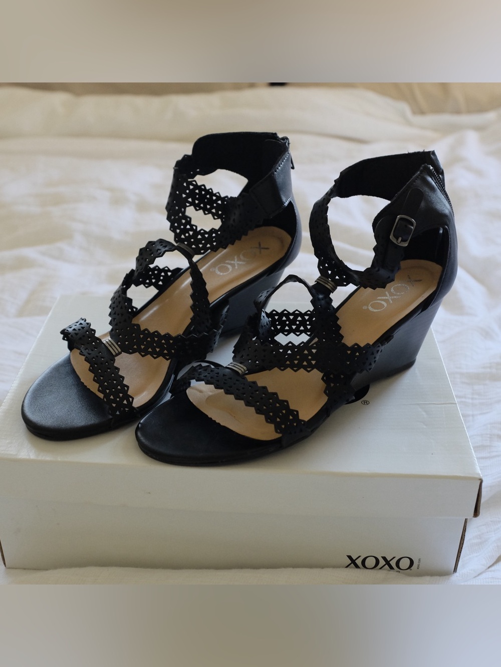 New, in Original Box XOXO Black Cutout Wedge Sandals
